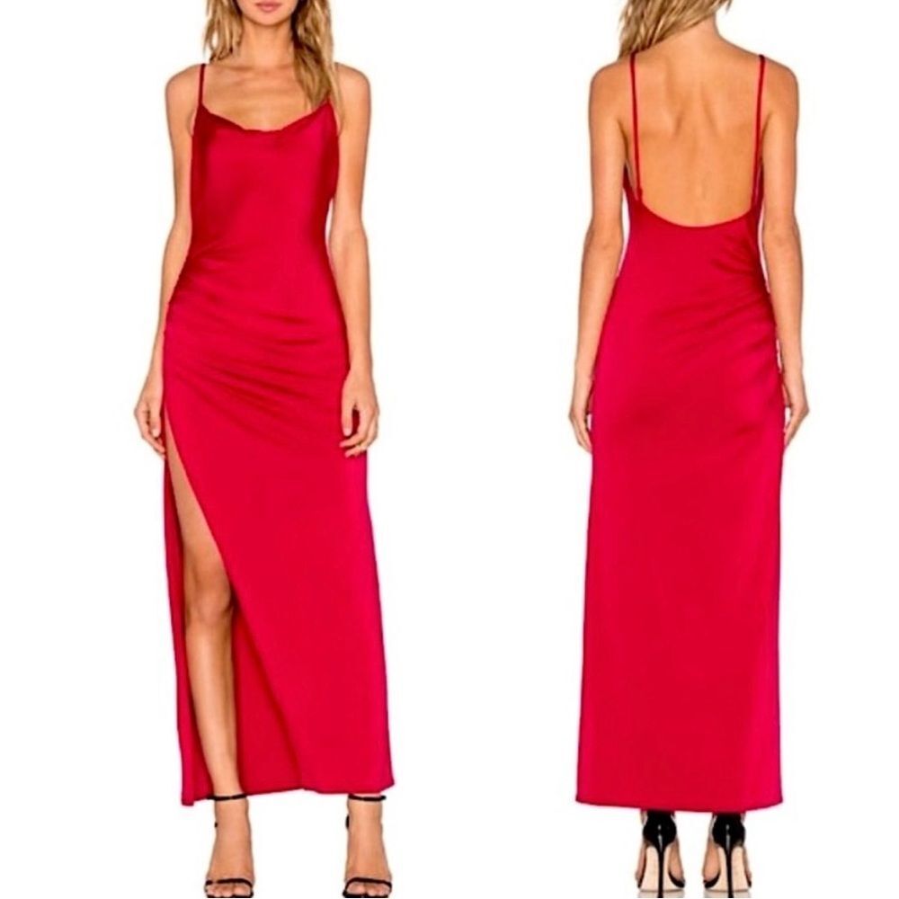 NWT NBD REVOLVE Take It All Maxi Dress Ruche High Slit in Berry Red Size S